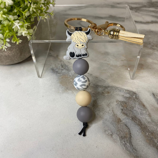 Keychain - Silicone Bead - Highland Cow - Grey