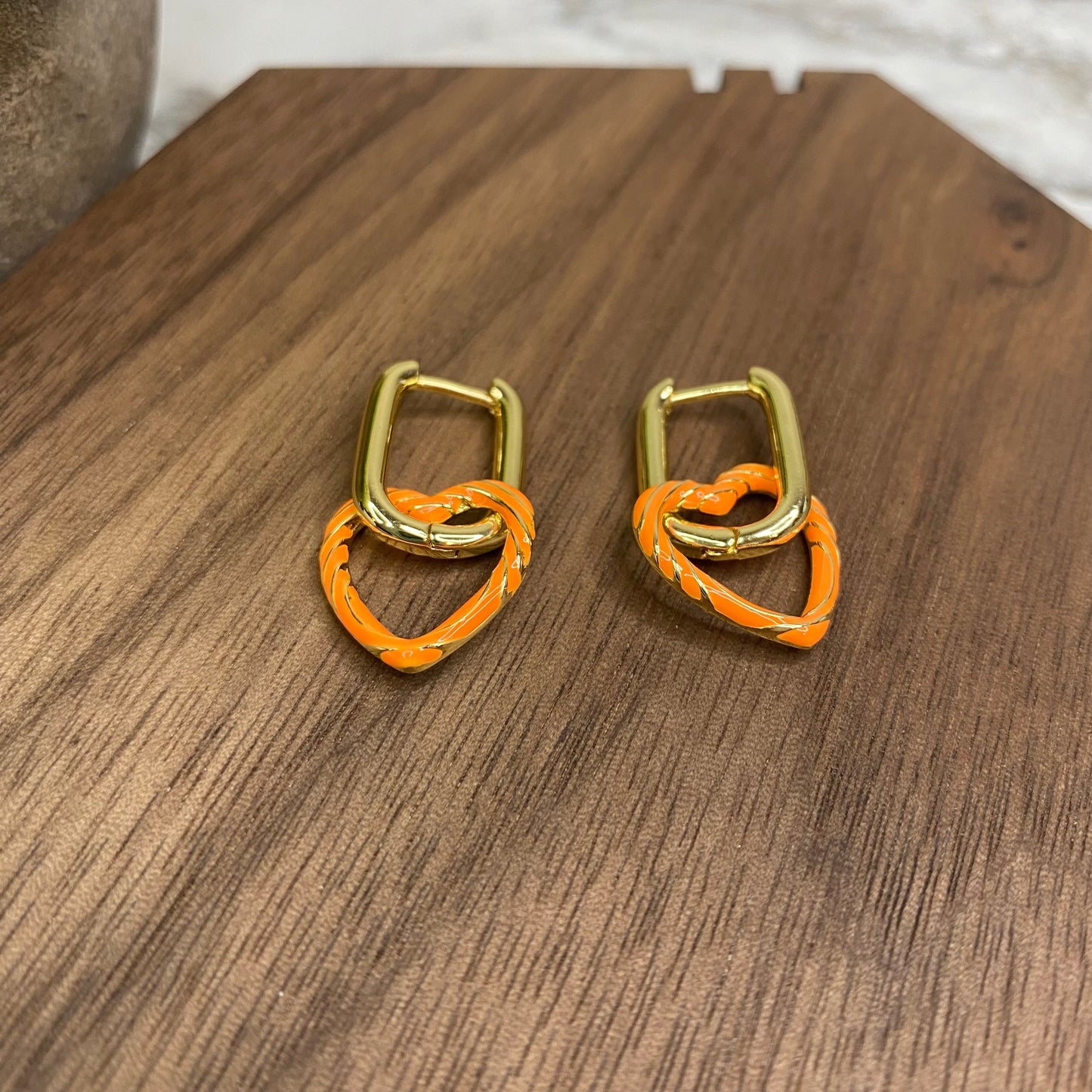 Metal Dangle Earrings - Heart Link - Orange