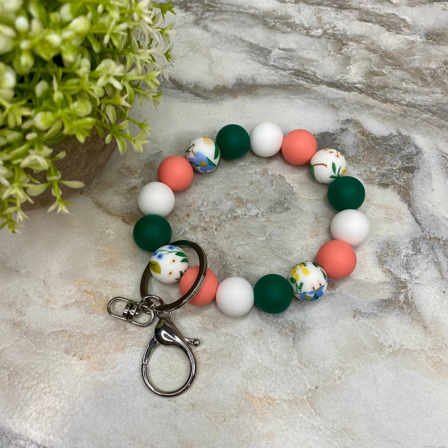 Silicone Bracelet Keychain - Green Coral Floral