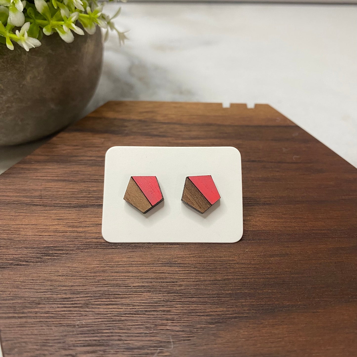 Wooden Stud Earrings - Pentagon