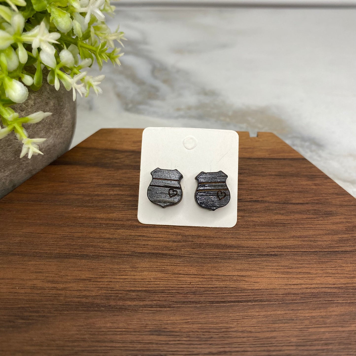 Wooden Stud Earrings - Badge