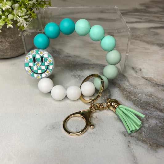 Silicone Bracelet Keychain - Happy Face - Mint