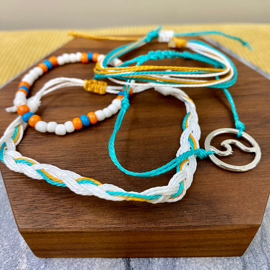 Bracelet Pack - Adjustable String & Bead Blue Turquoise White Wave