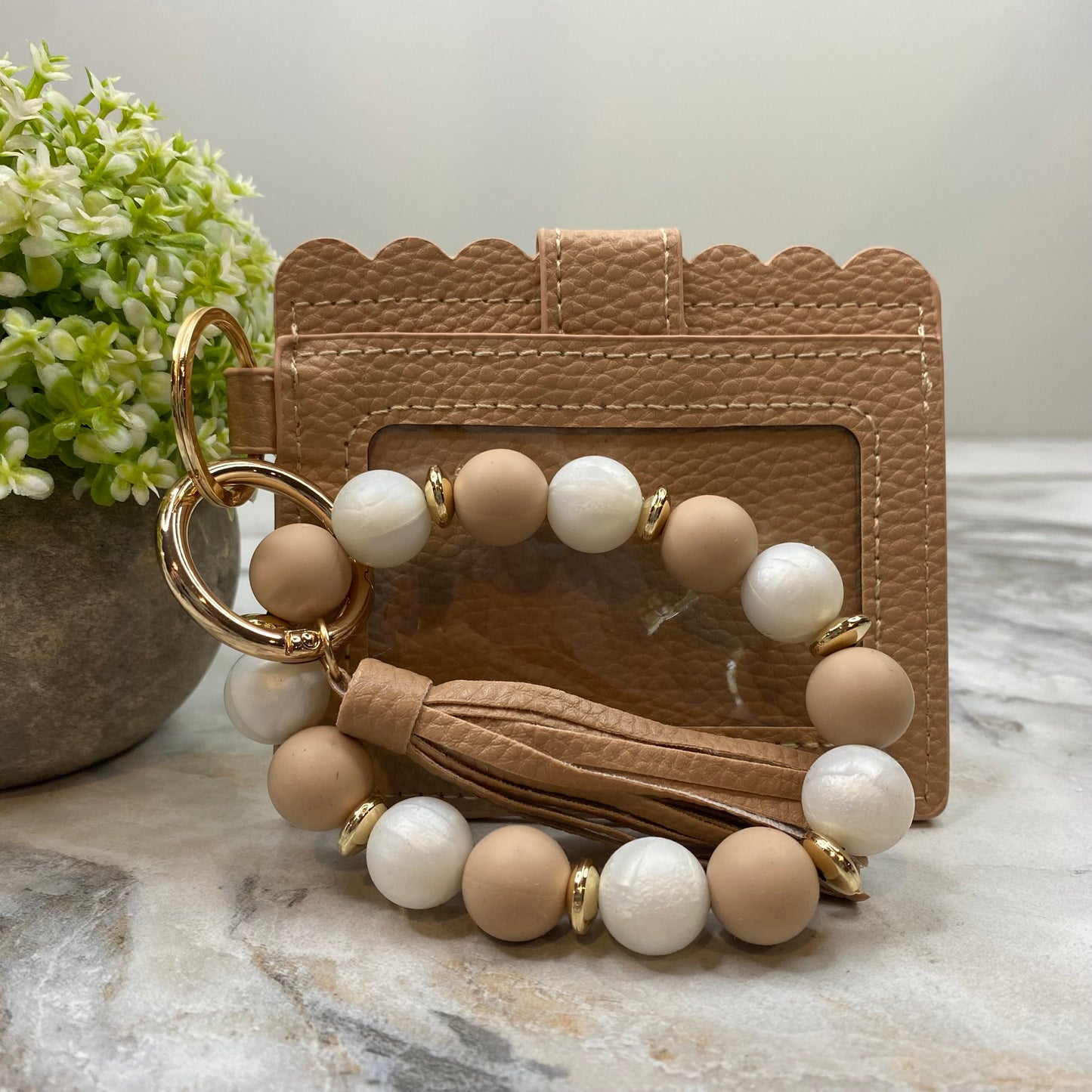 Silicone Bracelet Keychain with Scalloped Card Holder - Beige