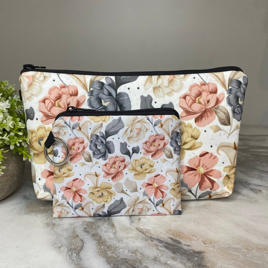 Pouch & Mini Pouch Bundled Set - Floral Slate Mustard Peach