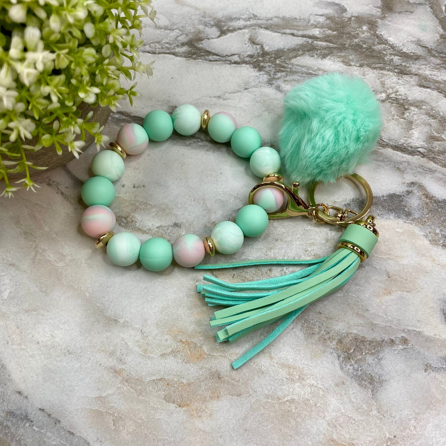 Silicone Bracelet Keychain - Tassel & Pom Pom- Mint & Sherbet