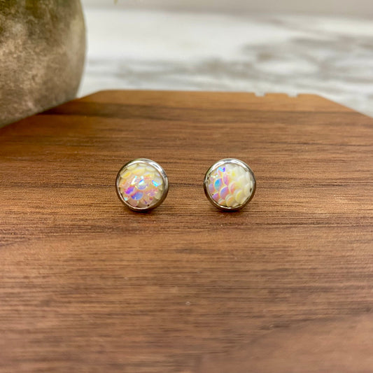 Druzy Stud Earrings - Mermaid 8mm - White Holographic