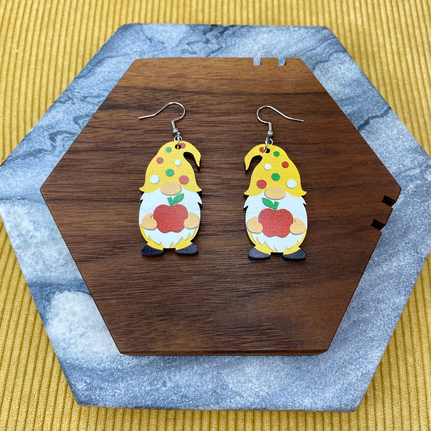 Wooden Dangle Earrings - Teacher Gnome Apple