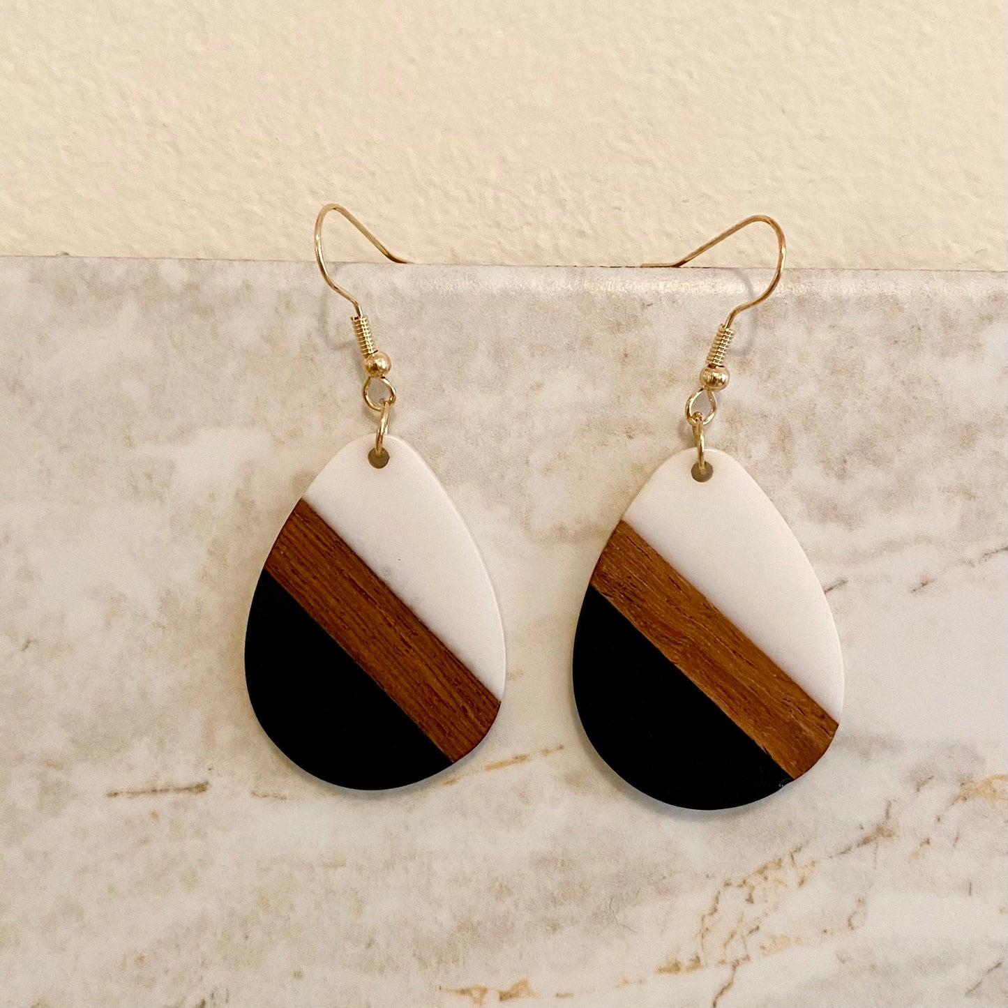 Dangle Earring - Wood & Acrylic - White & Black