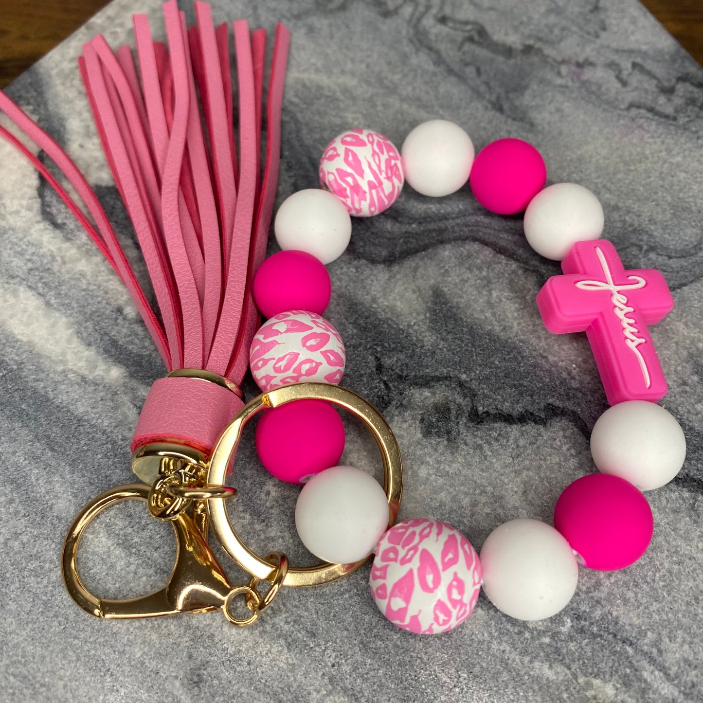 Silicone Bracelet Keychain - Jesus, Pink